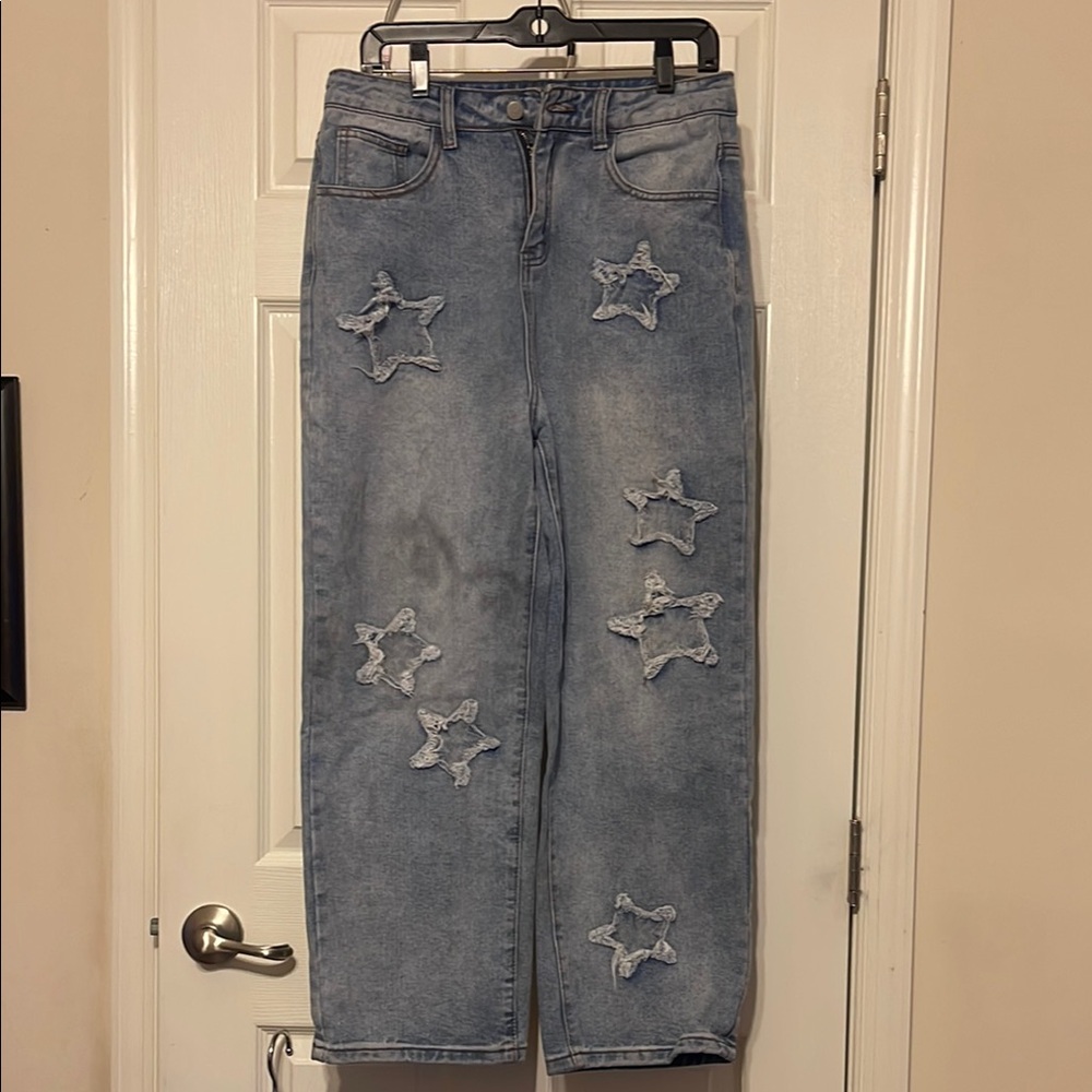 Men’s Blue Star-Patterned Jeans, short stylish 26 inches inseam